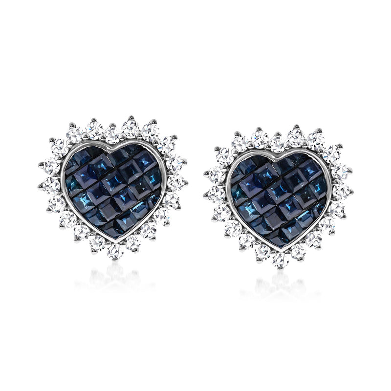 14kt white gold heart sapphire stud earrings with diamond halo and blue center stones