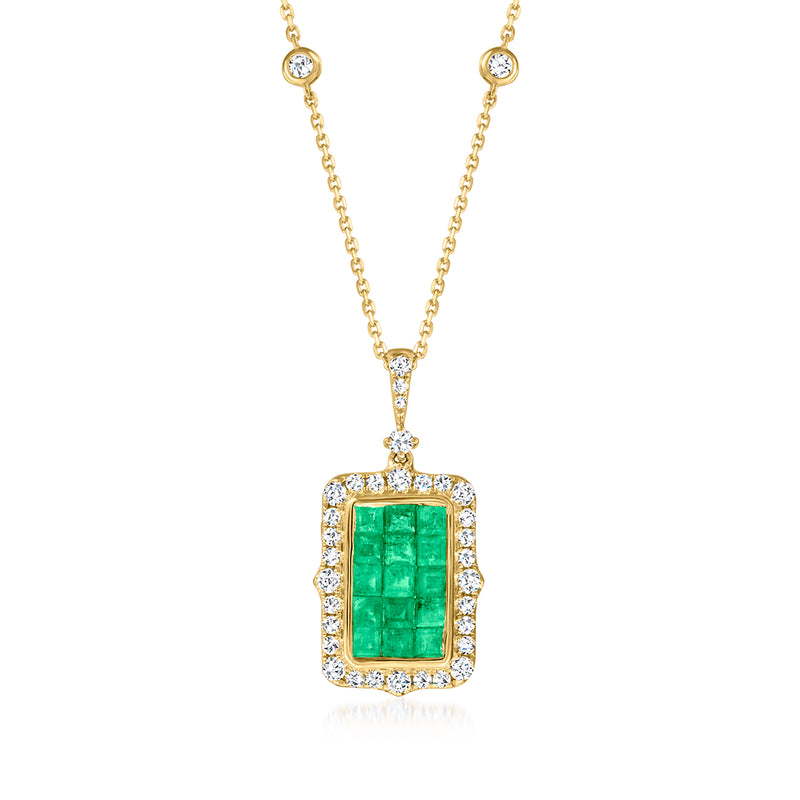 14kt yellow gold pendant necklace with square green emerald center and diamond halo