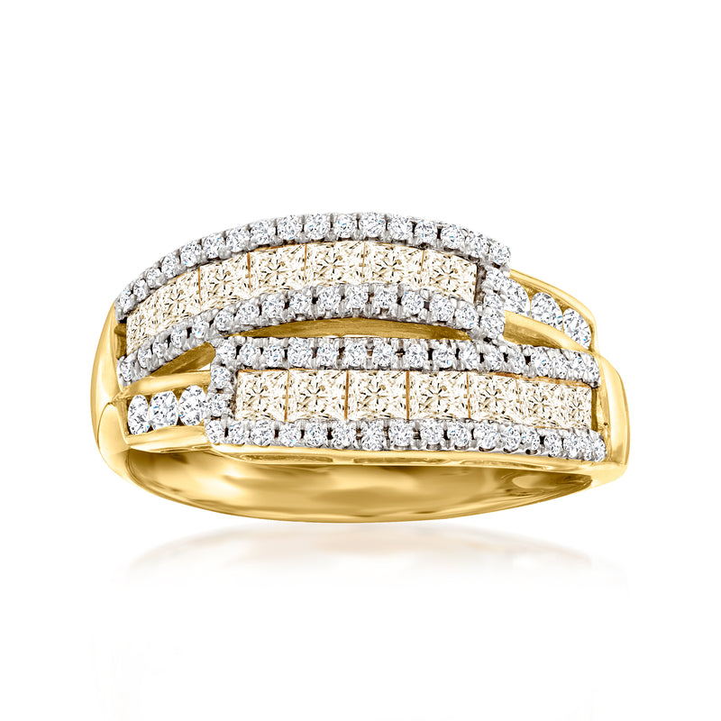 14kt yellow gold two-row diamond ring with champagne and white stones