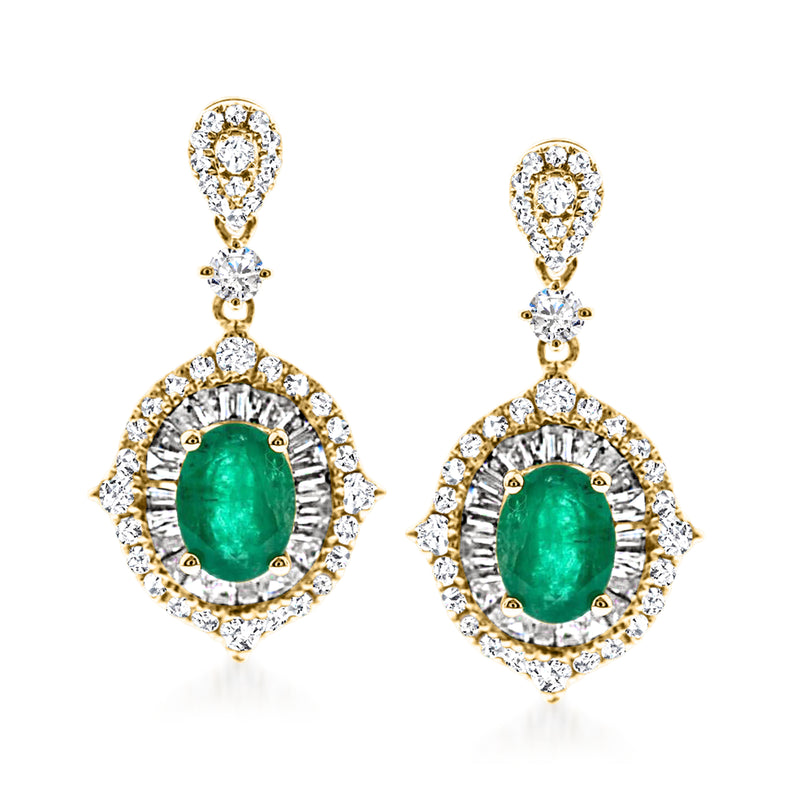 14kt yellow gold emerald and diamond drop earrings with oval green emerald halos