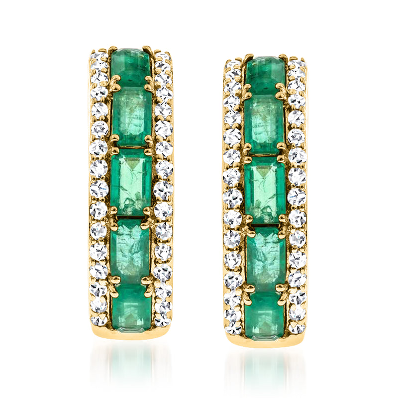 14kt yellow gold hoop earrings with emerald-green rectangle stones and diamond accents