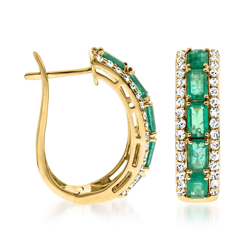 14kt yellow gold hoop earrings with emerald-green rectangular center and diamond bezel detail