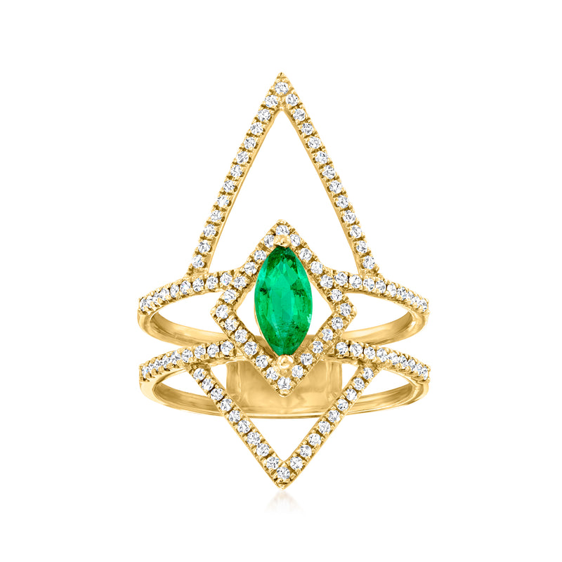 Geometric yellow gold ring with emerald center stone and diamond-accented openwork