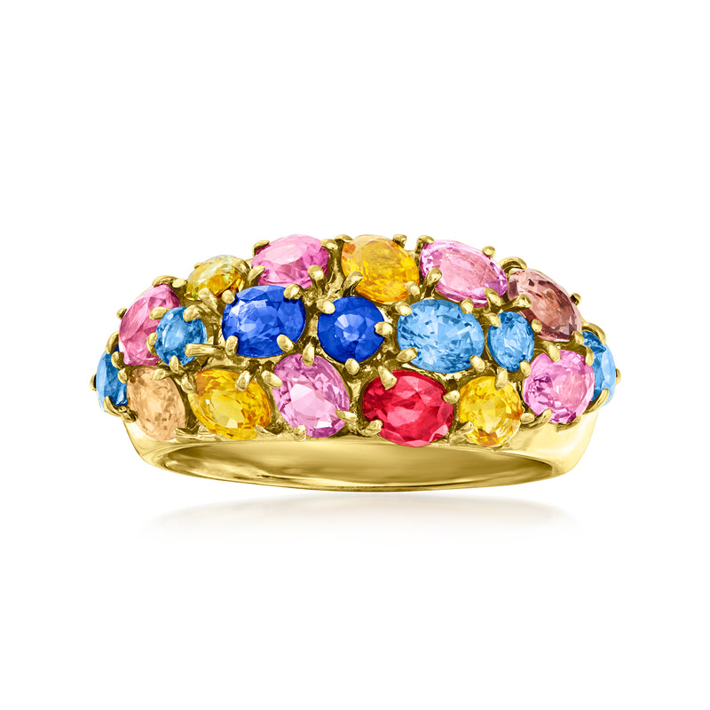 18kt yellow gold dome ring with multicolored sapphire gemstones, curved band