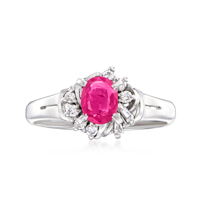 Platinum vintage ring with oval ruby center and diamond halo, split shank