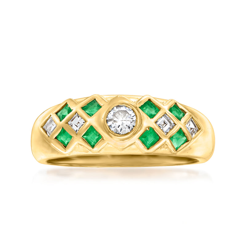 18kt yellow gold vintage ring with central round diamond and green emerald accents