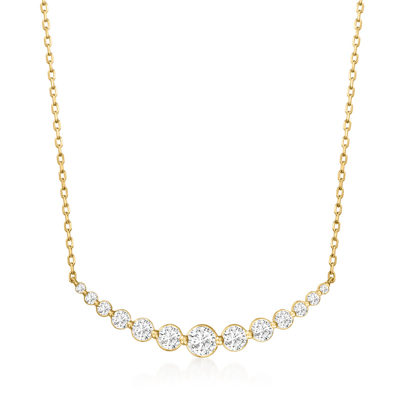 14kt yellow gold curved bar diamond necklace with round diamond stones