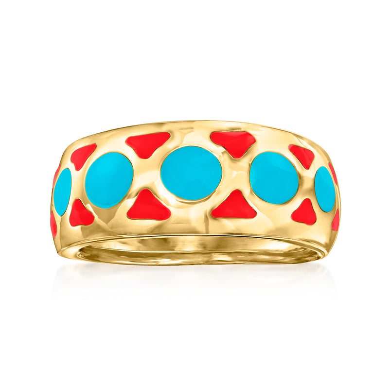 14kt yellow gold geometric enamel ring with red and blue circular inlays