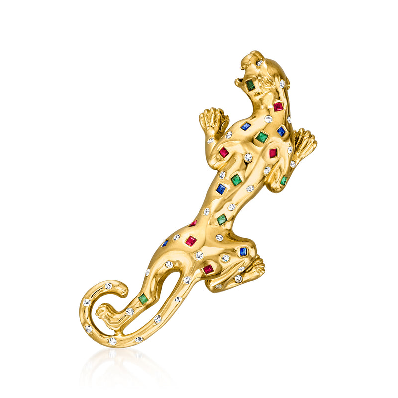 14kt yellow gold panther pin with multicolor gemstones and clear diamond accents