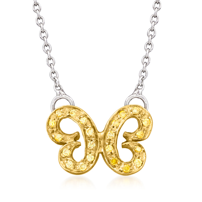 Two-tone gold butterfly pendant necklace with textured yellow gold and silver chain