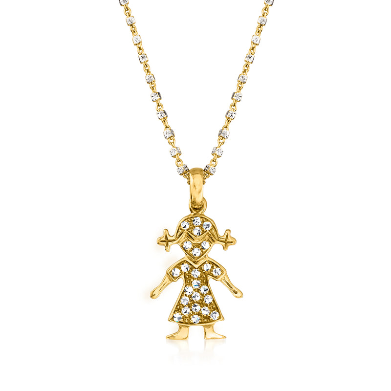 Two-tone gold girl pendant necklace with diamond-like stones on a fine chain