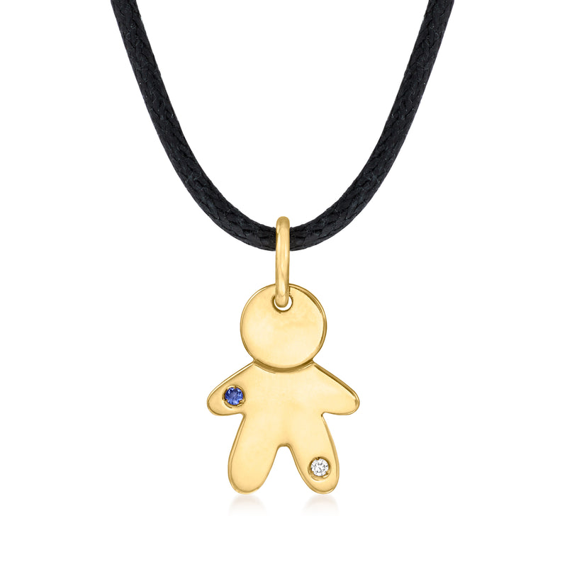 Yellow gold boy charm pendant necklace with black leather cord, sapphire eye and diamond accents
