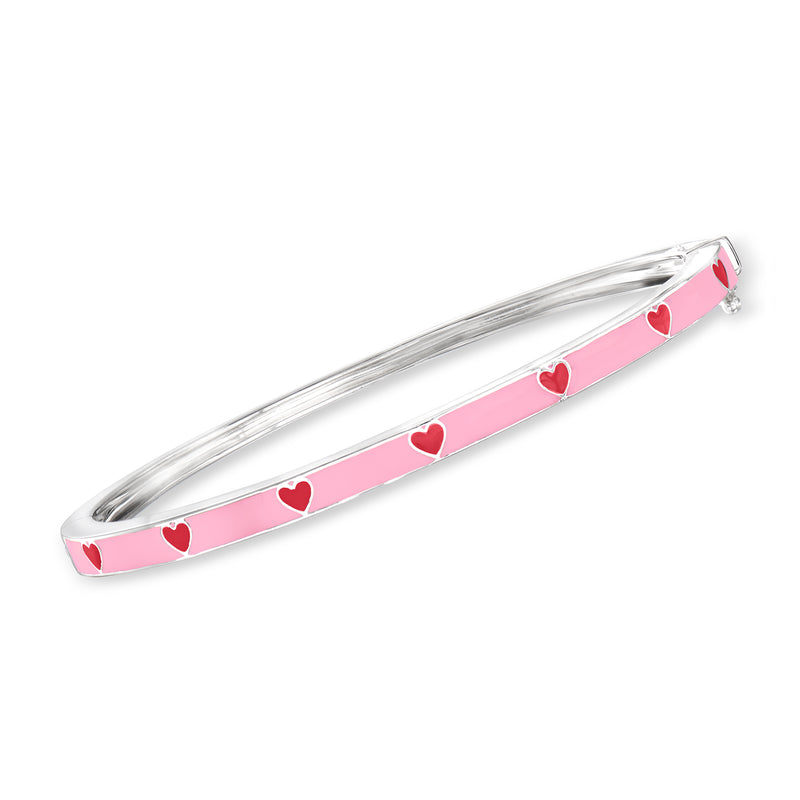 Sterling silver bangle bracelet with pink enamel bar and small heart accents
