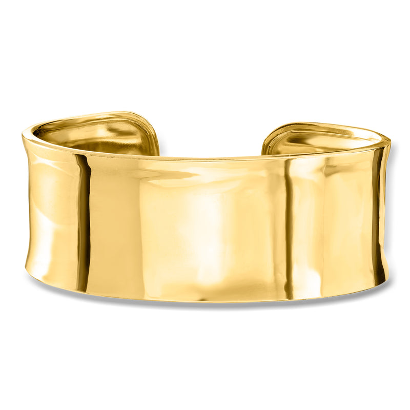 Polished gold cuff bracelet with hinged ends, wide smooth profile