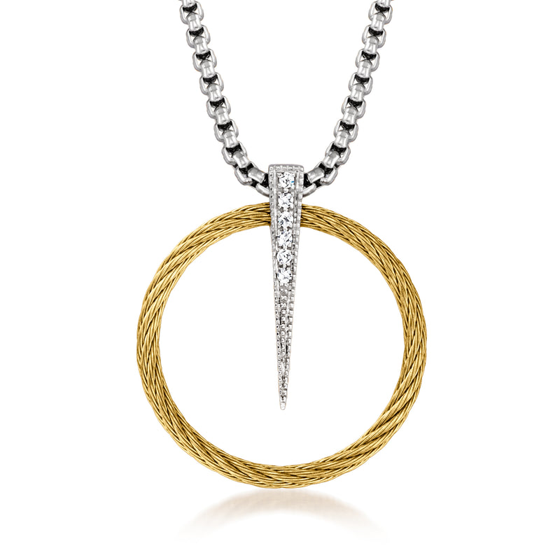 Gold cable circle pendant necklace with silver chain and diamond-accent teardrop pendant