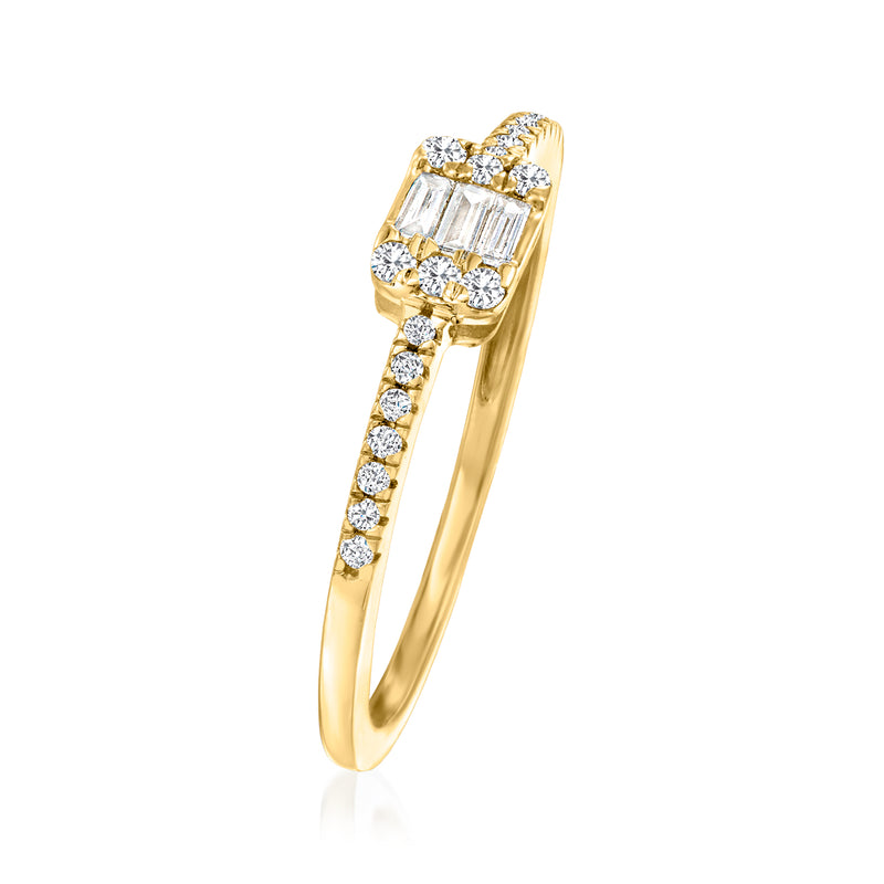 10kt yellow gold diamond cluster ring with baguette center and halo round stones