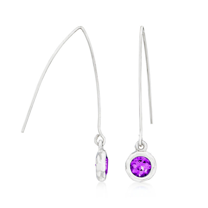 Sterling silver amethyst bezel-set drop earrings, round purple center stones, earwire