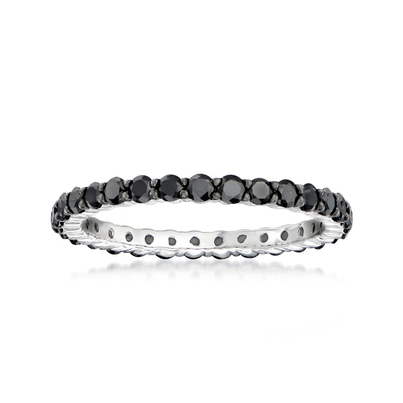 Sterling silver eternity band with round black diamonds and engraved openwork sides