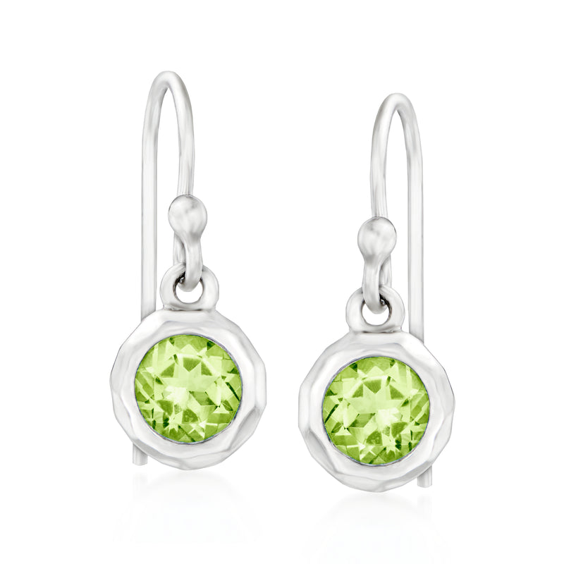 Sterling silver peridot drop earrings, octagonal bezel, wire hook earwires