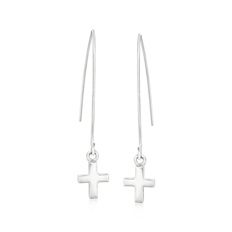 Sterling silver cross drop earrings with slender earwires and small cross pendants