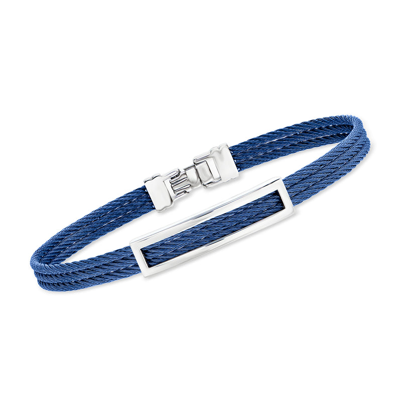 Men's stainless steel open-space ID bracelet with blue braided cable strap