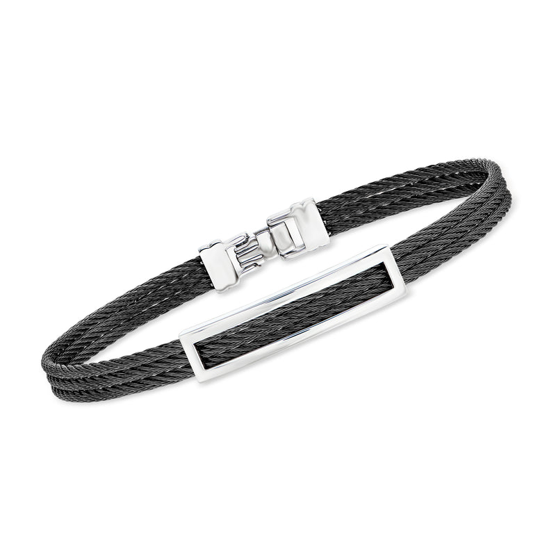 Men's black cable ID bracelet with stainless steel open plate and clasp