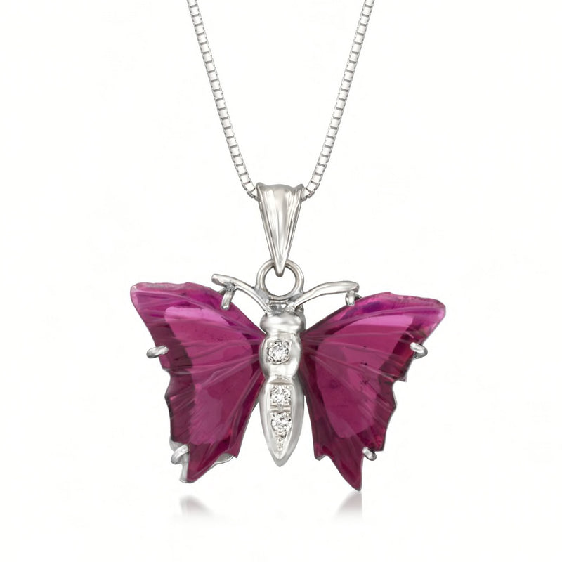 Butterfly pendant necklace with pink tourmaline-style stones and platinum setting