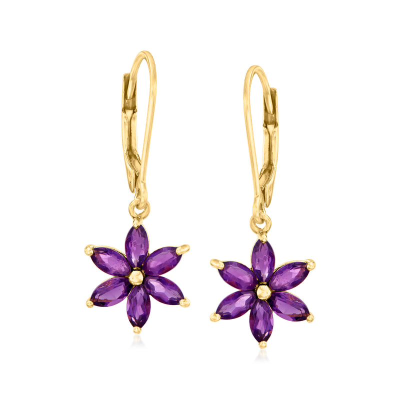 Amethyst flower drop earrings in gold tone with purple petals and leverback closures.