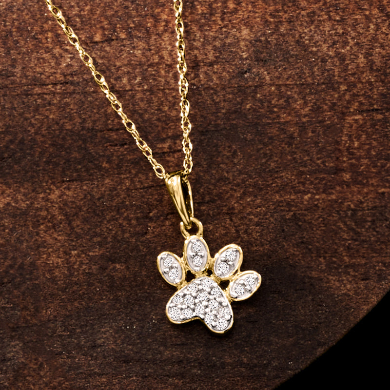 10kt yellow gold paw print pendant with round diamond stones and link chain