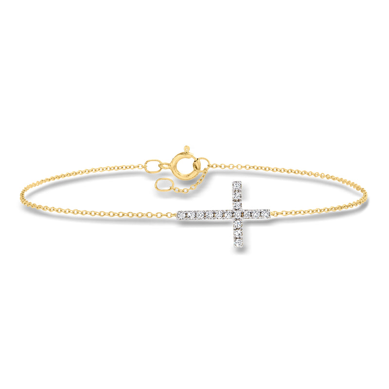 10kt yellow gold diamond cross bracelet with small cross and sparkle stones, 0.15 ct t.w.