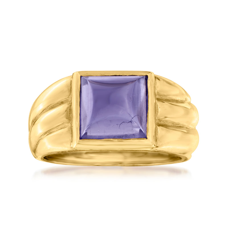 18kt yellow gold ribbed ring with square purple iolite gemstone