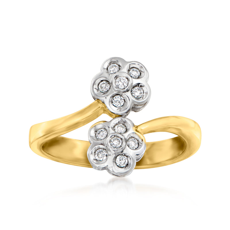 Two-tone 18k gold bypass ring with diamond flower clusters
