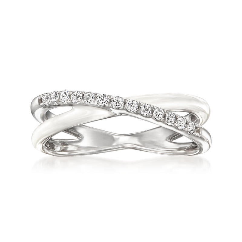 Sterling silver crisscross ring with white enamel and round white gemstones