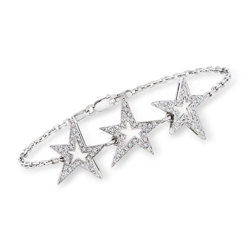 18kt white gold diamond star station bracelet with three openwork stars on chain