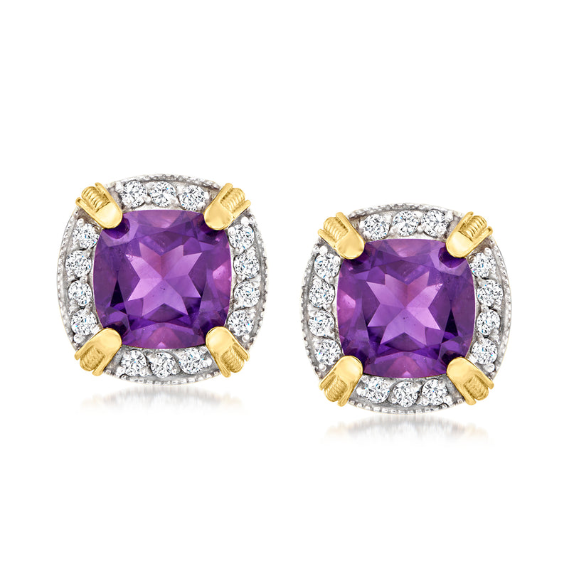 Amethyst and white zircon halo earrings with 18kt gold over sterling posts