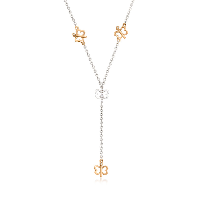Two-tone gold and silver butterfly Y-necklace with three stacked butterfly charms