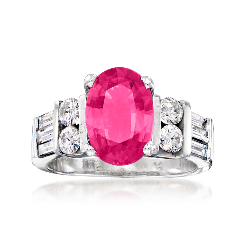 14kt white gold ring with oval pink tourmaline and diamond side stones, prong set