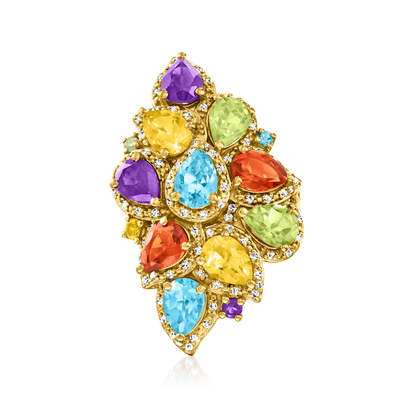 Gold over sterling multi-gemstone ring with pear-shaped colored stones, prong-set