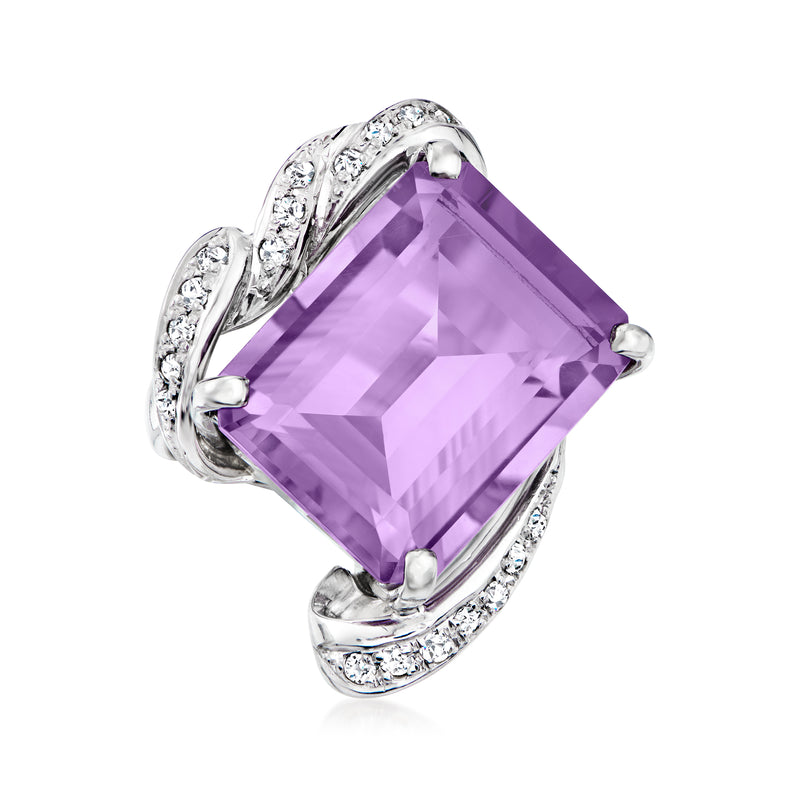 Platinum cocktail ring with large square amethyst and round diamond accents