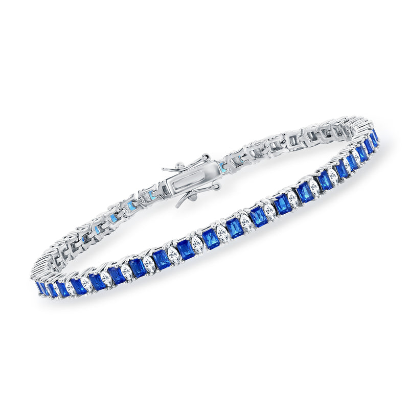 Sterling silver tennis bracelet with blue simulated sapphire CZ stones and box clasp