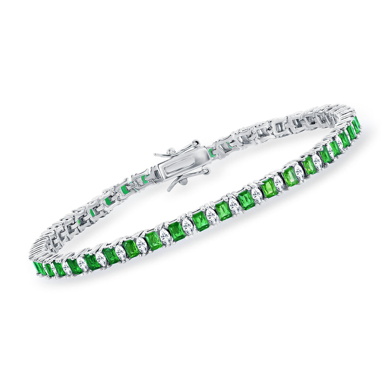 Sterling silver tennis bracelet with green emerald-cut simulated stones and clear CZ accents