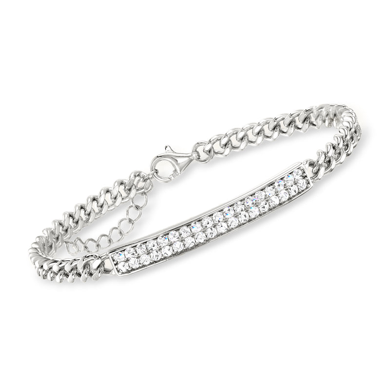 Sterling silver curb-link ID bracelet with pave CZ stone bar and lobster clasp