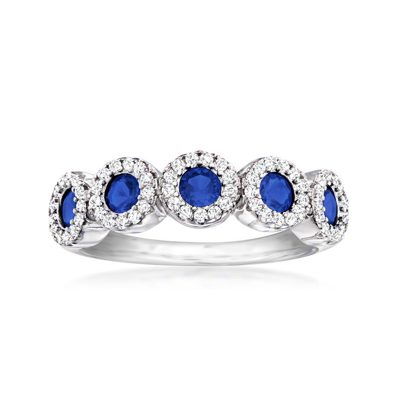 Sterling silver five-stone ring with blue simulated sapphire-style stones and CZ accents