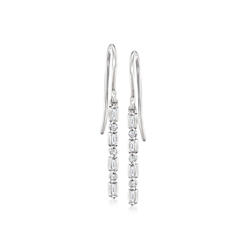Sterling silver linear drop earrings with baguette-cut stones and earwire hooks