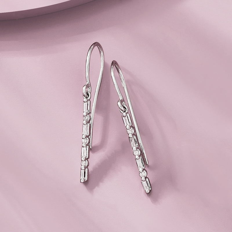 Sterling silver linear drop earrings, baguette-cut stone bars on earwire hooks