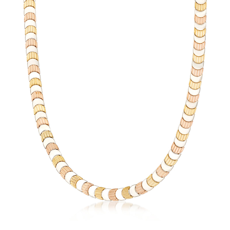 Tri-colored 18kt gold half-moon link necklace with oval ribbed connectors