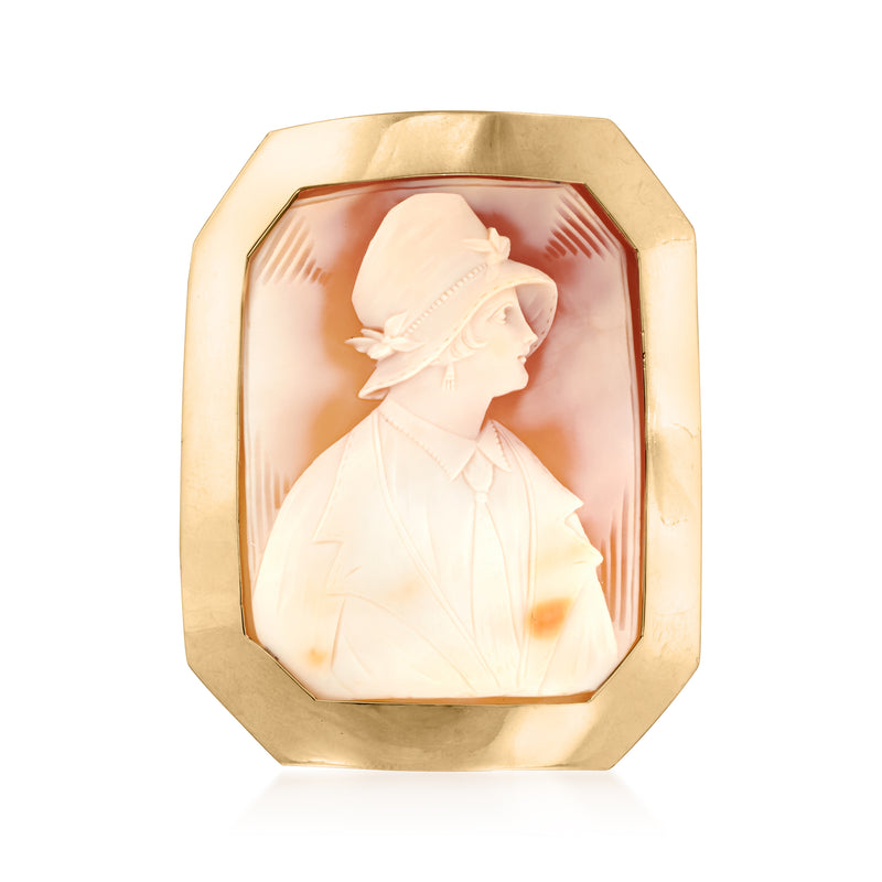 14kt yellow gold cameo pin with octagonal frame and pale orange shell portrait