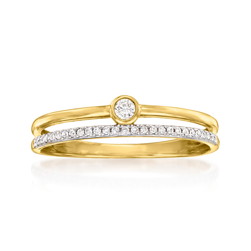 14kt yellow gold double-row diamond ring with a round center diamond