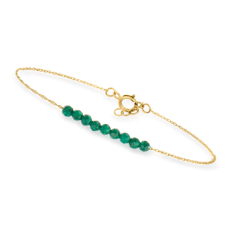 10kt yellow gold emerald bead bracelet with green oval gemstones and spring-ring clasp