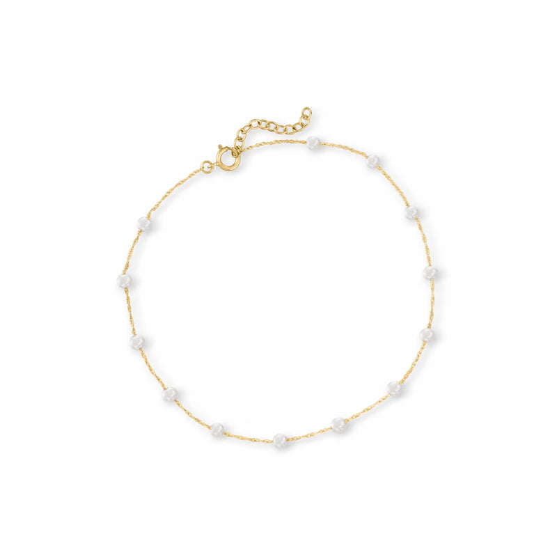 Cultured pearl station anklet in 10kt yellow gold with white pearl stations